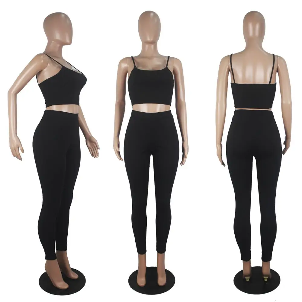 

New fashion solid color casual tight two-piece set slim U-neck sleeveless suspender vest and trousers women's set