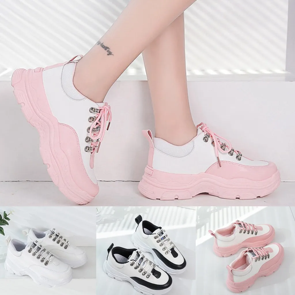 

Casual Shoes Woman Increased Motion Stitching Flat Bottom Leather 2019 The New Mid Heel Round Toe Casual Shoes Woman