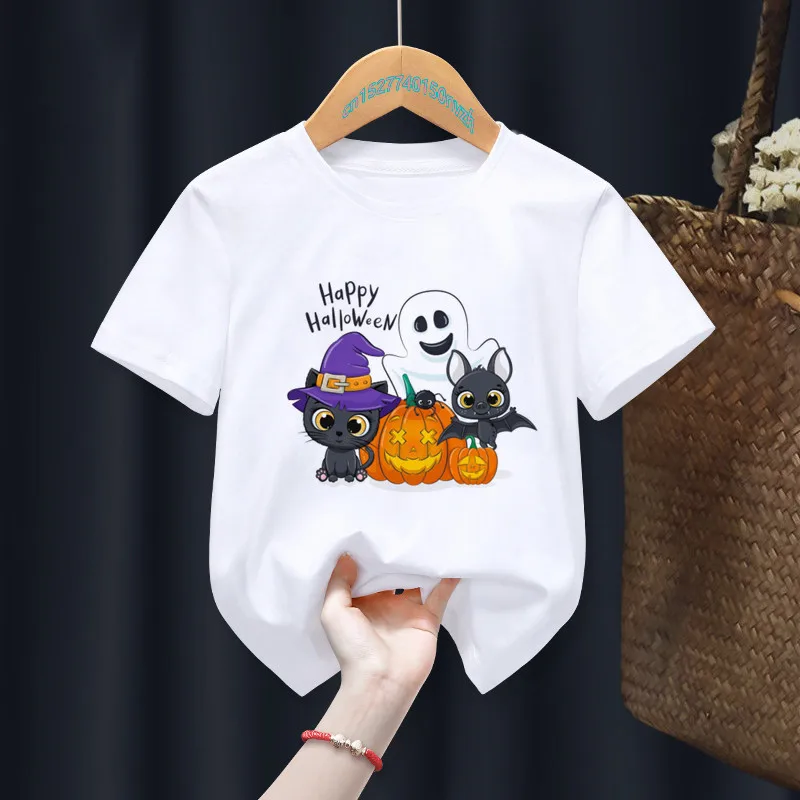 Halloween Bat Cartoon Print White T-shirts Children Kawaii Baby Cute Tops Tee Baby Gilr Boy Present Clothes,Drop Ship