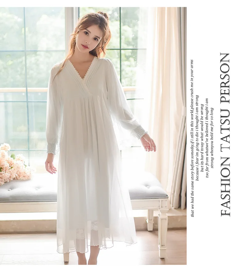 Retro Palace Princess Nightdress Women Spring and Autumn Korean Version Sweet Lace Mesh Sexy Cotton Nightdress Home Clothes Long