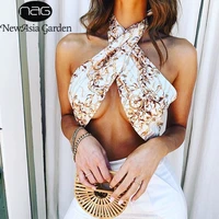 newasia print wrap crop top woman lace up halter neck tank backless cami top ladies beach holiday sexy streetwear summer clothes