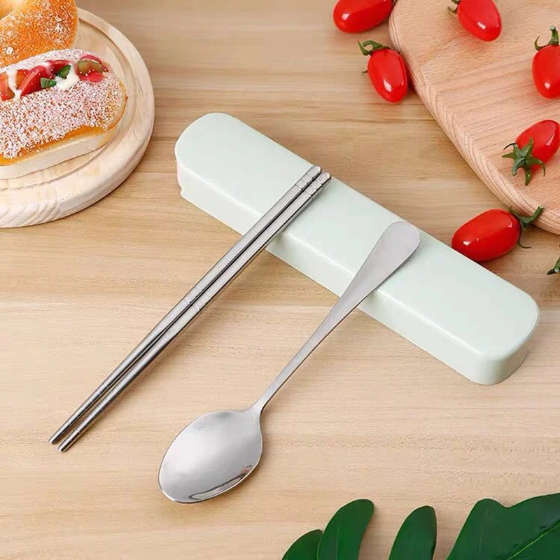 

2/3 Pcs Dinnerware Set Stainless Steel Silver Chopsticks Long Handle Spoon Fork Candy Color Box Flatware Kitchen Tableware Suit