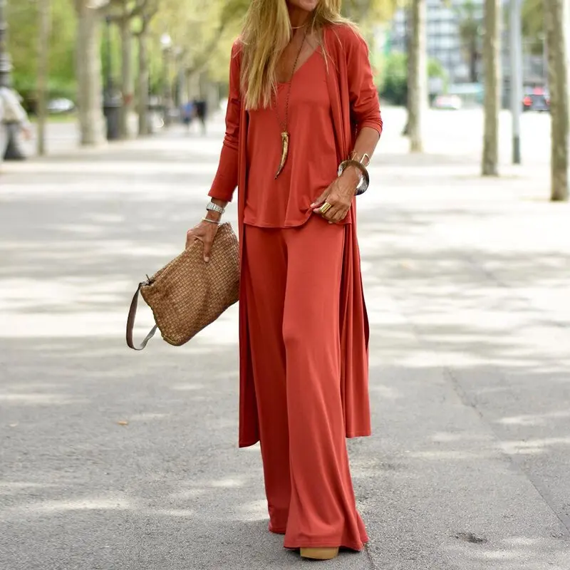 

Solid Loose Spring Autumn Casual Three Piece Set Women's Office V-Neck Matching Suit Female Straight Pants Streetwear 3Pc Suit