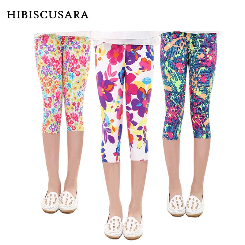 

3-10years Girls Cropped Trousers Floral Print Flower Kids Calf Length Skinny Pants Stretch Leggings Children All-matches Bottoms
