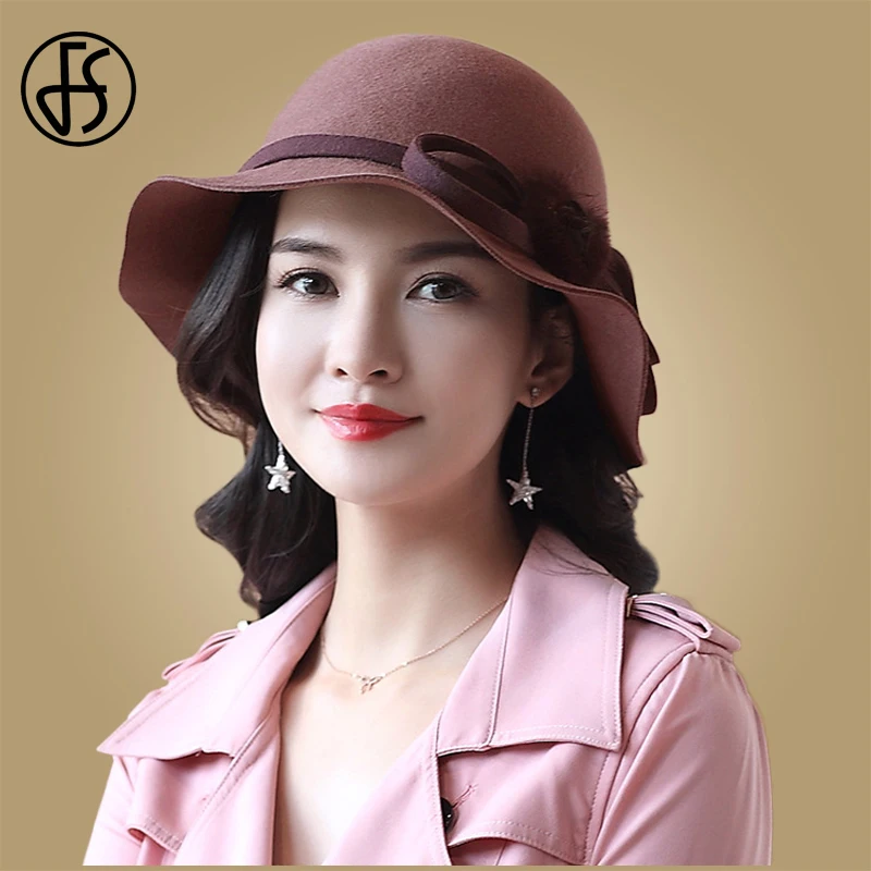 FS шерстяная фетровая шляпа в стиле ретро для женщин зимняя котелок с цветочным