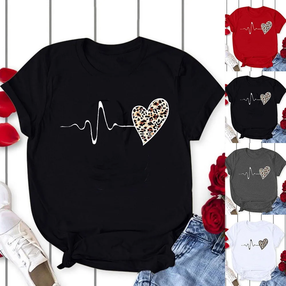 

Harajuku Woman Tshirts Love Leopard Printed Round Neck Short Sleeve T-shirts Tops Women 2020 Mujer Camisetas