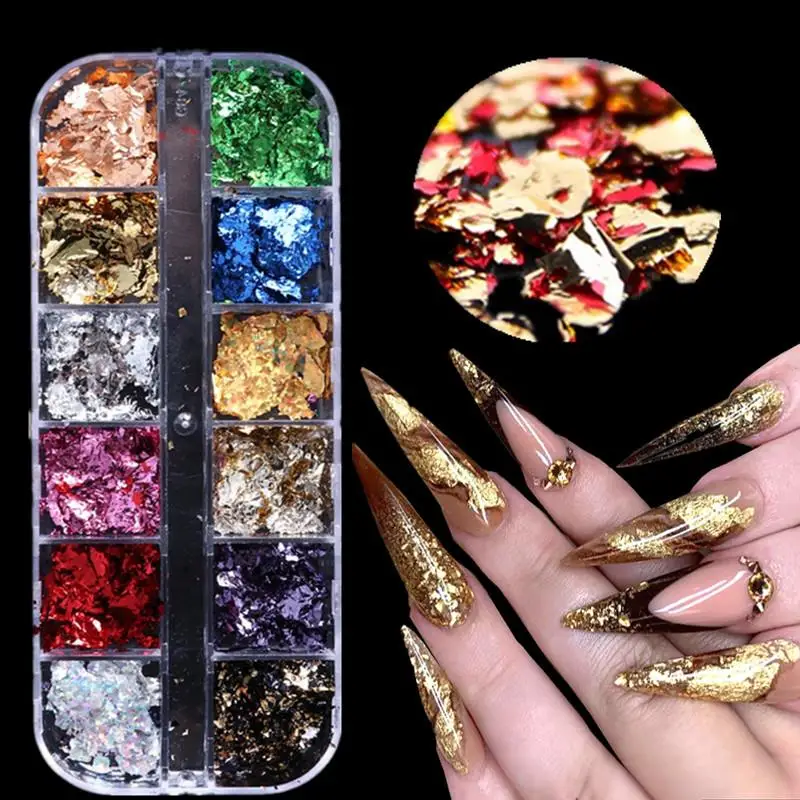 

12 Grid Foil Nails Sequins Irregular Aluminum Gold Red Summer Design Set Nail Glitter Flakes Gel DIY Manicure Accessories