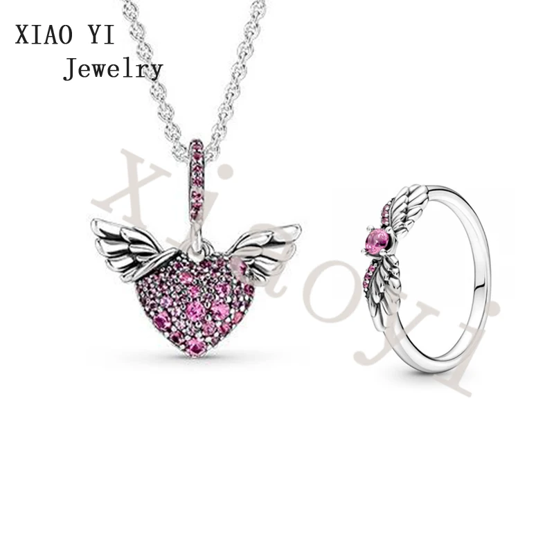 

XIAOYI 2022 NEW s925 Spring angel wings pink white heart zircon inlaid ring necklace high quality wedding jewelry wholesale