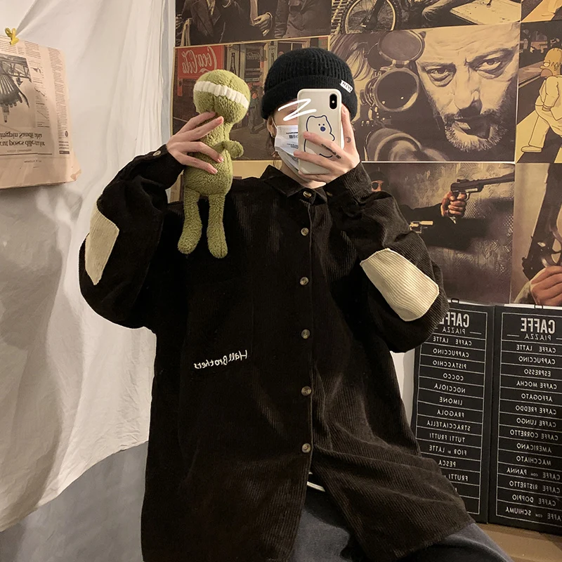 2020 Мужская мода утолщенные вельветовые пальто с вышивкой Лоскутная рубашка