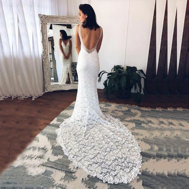 

Modern Charming Mermaid Lace Backless Wedding Dresses for Bride Sexy Front Split Plunge V Neckline Bridal Wedding Gowns On Sale