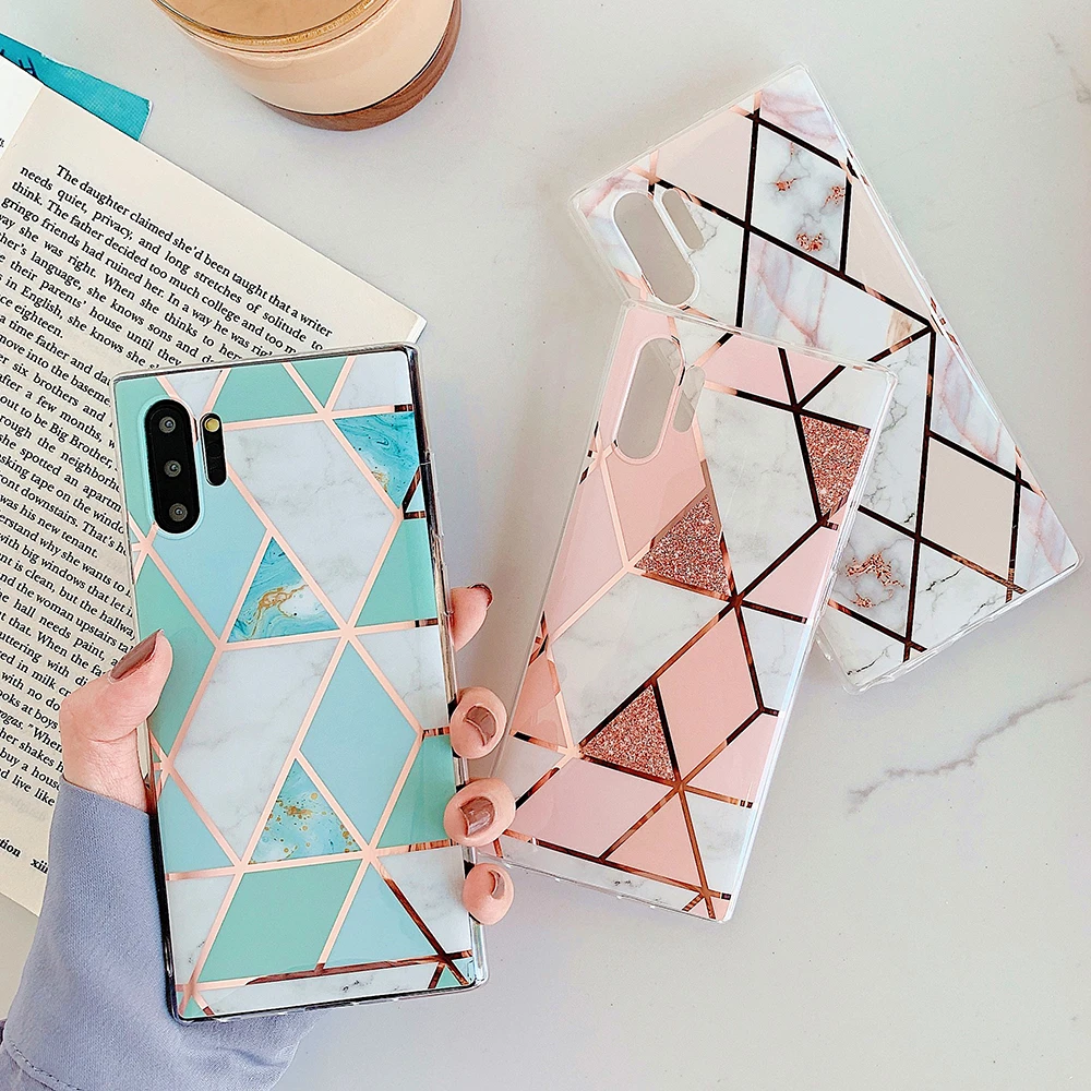 Geometric Marble Square Phone Case For Samsung Note 10 Pro A90 5G A50 S8 S9 Plus Soft IMD Glitter Cover | Мобильные телефоны и