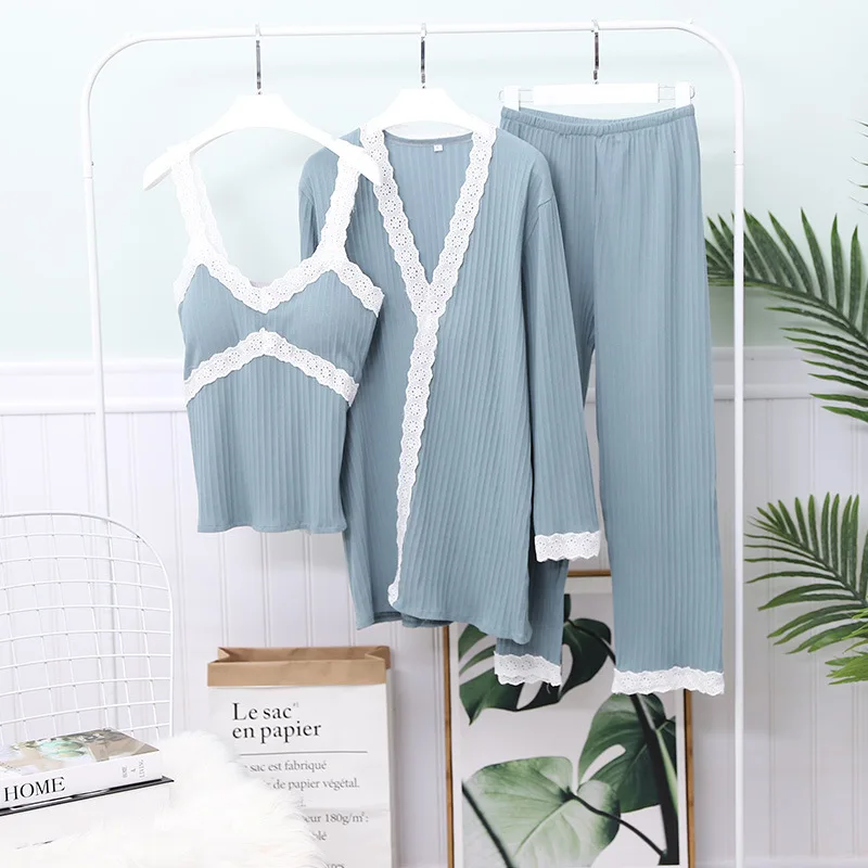 

Lace Patchwork Robe Sets 3PCS Sexy Cotton Pajamas Suits Cardigan Strap Nighty Kimono Gown Full Pants Pijamas Spring Lounge Wear