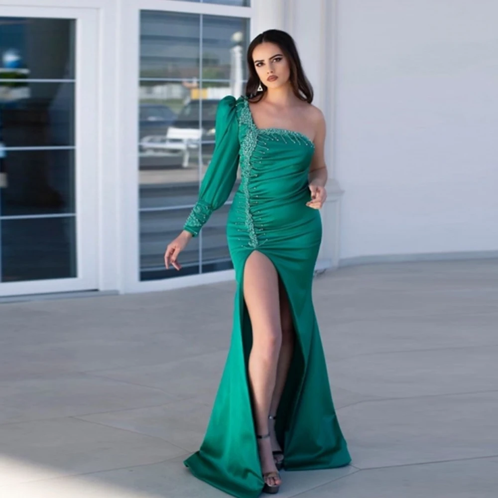 

Dubai One Shoulder Beaded Mermaid Evening Formal Dresses Long Formal Kaftans Couture Arabic High Split Slit Prom Gowns