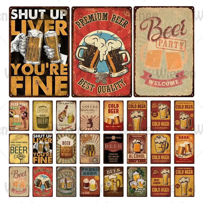 

Retro Beer Metal Plaques Vintage Tin Signs Wall Decor For Bar Pub Tavern Club Home Man Cave Decorative Ice Cold Beer Drink Sign