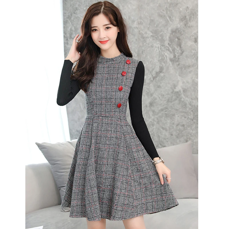 Новинка зимы шерстяное платье средней длины женское с длинными рукавами и Платье