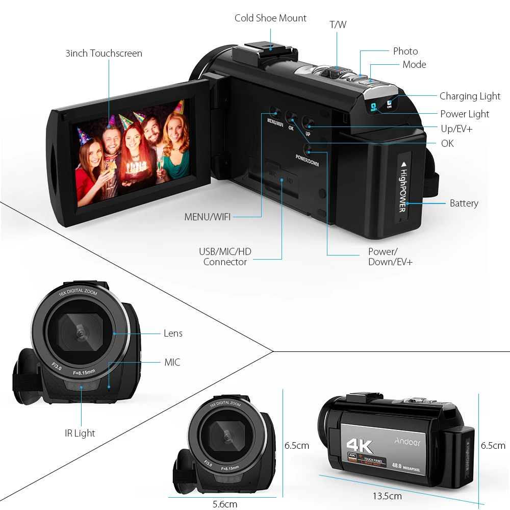 Портативная Цифровая видеокамера Andoer 4K 48 МП Wi-Fi 3 0 дюймовый сенсорный экран с