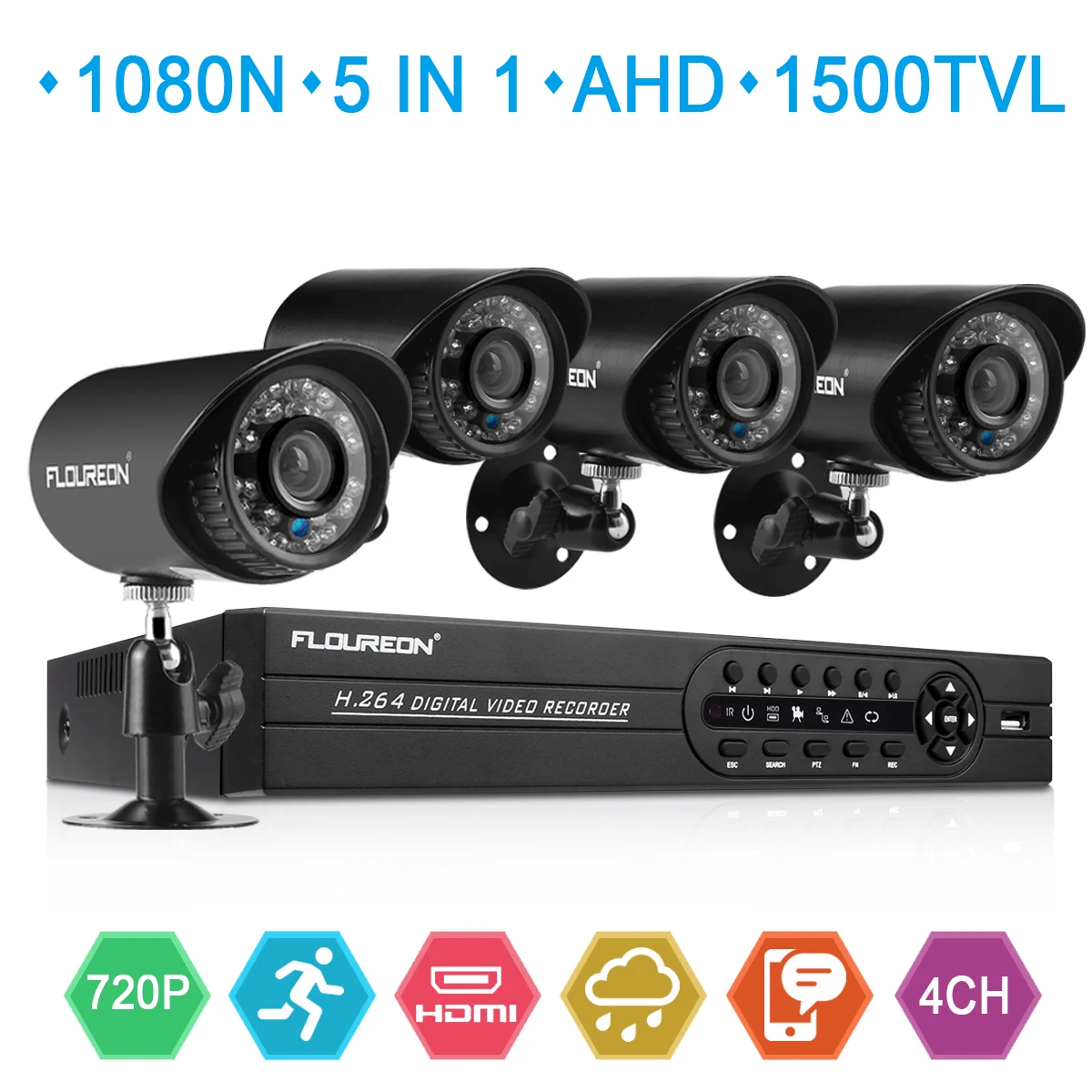 

FLOUREON 1 X 4CH 1080N AHD DVR + 4 X Outdoor 1500TVL 720P 1.0MP Camera Security Kit US