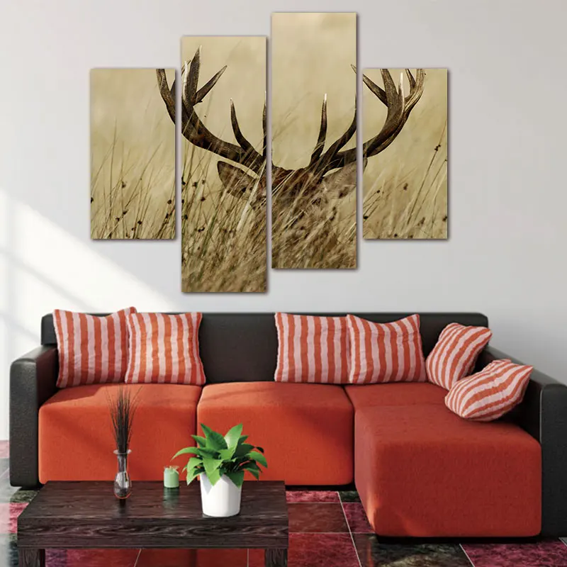 4 панели животных живопись олень Олень с длинным оленьим рогом в кусте Печать на