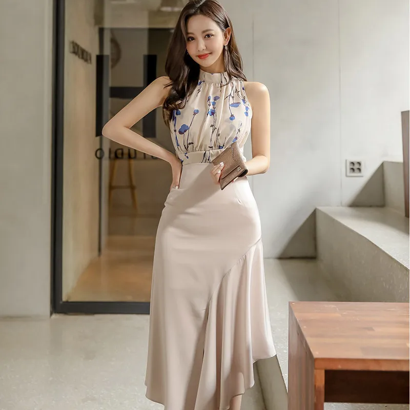 

Женский модельный комплект из двух предметов, шифоновый топ без рукавов с принтом и модная Асимметричная юбка с высокой талией, лето