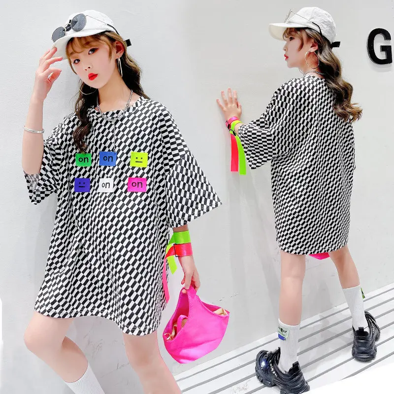 

Teen Girls Boys T Shirt Summer Kids Long T-Shirt Undershirt Plaid Printed Cotton Tees Top for Children Clothes 10 12 13 14Years