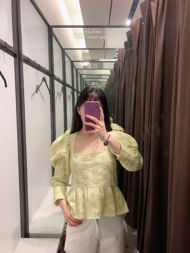 

Hollow Out Embroidery Blouse Women Shirt Summer 2020 New Fashion Square Neck Puff Sleeve Tops Modern Lady Casual Blouses