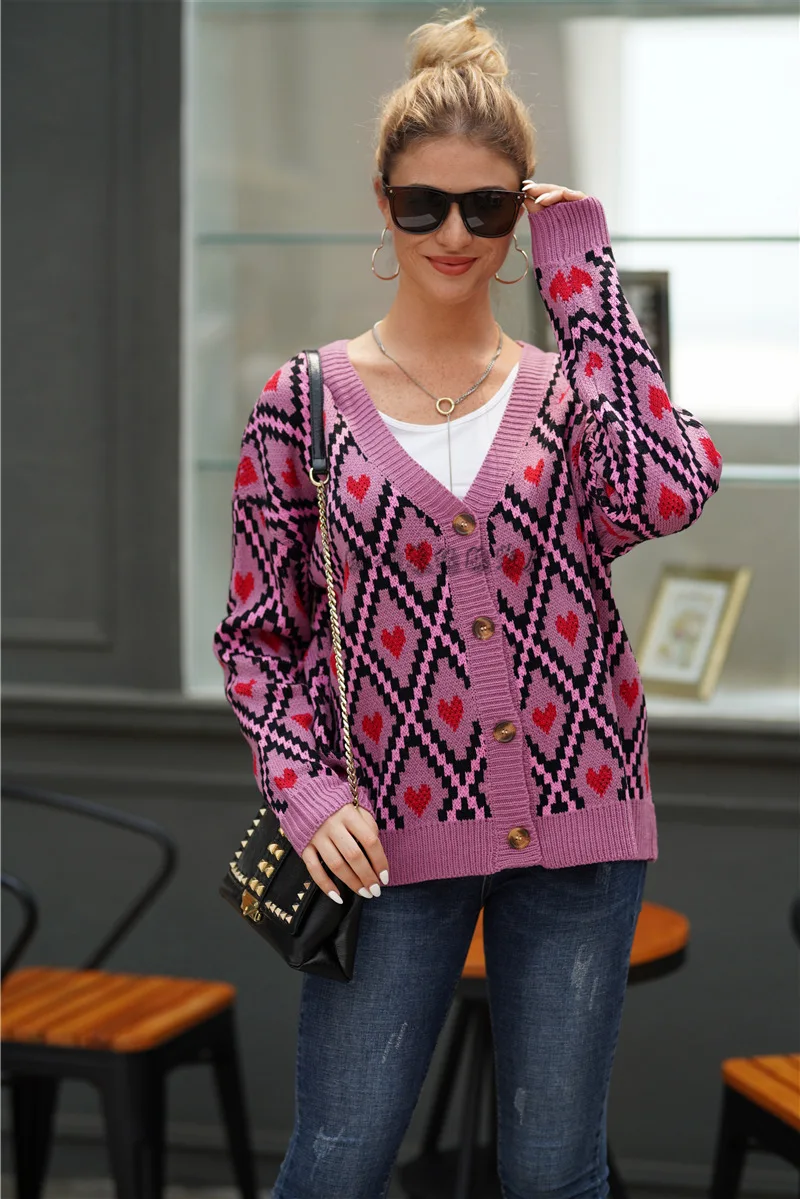 Heart Print Ladies Knitted Cardigan Female Casual Single Breasted Jumper Autumn Winter V-Neck Oversized Women Sweater Tops |
