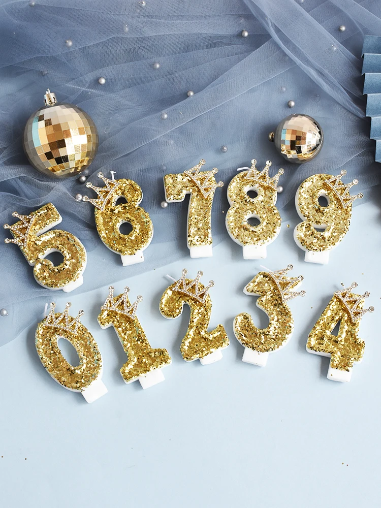 

Yellow Sequins ShinyCrown Numbers 0-9 Birthday Candles Cake Topper Insert Creative Birthday Party Dessert Table Candle Ornaments
