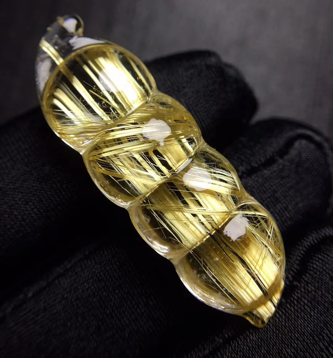 

Natural Gold Rutilated Quartz Titanium Bean Pendant 18K Gold 38.3*13*9.5mm Crystal necklace AAAAA