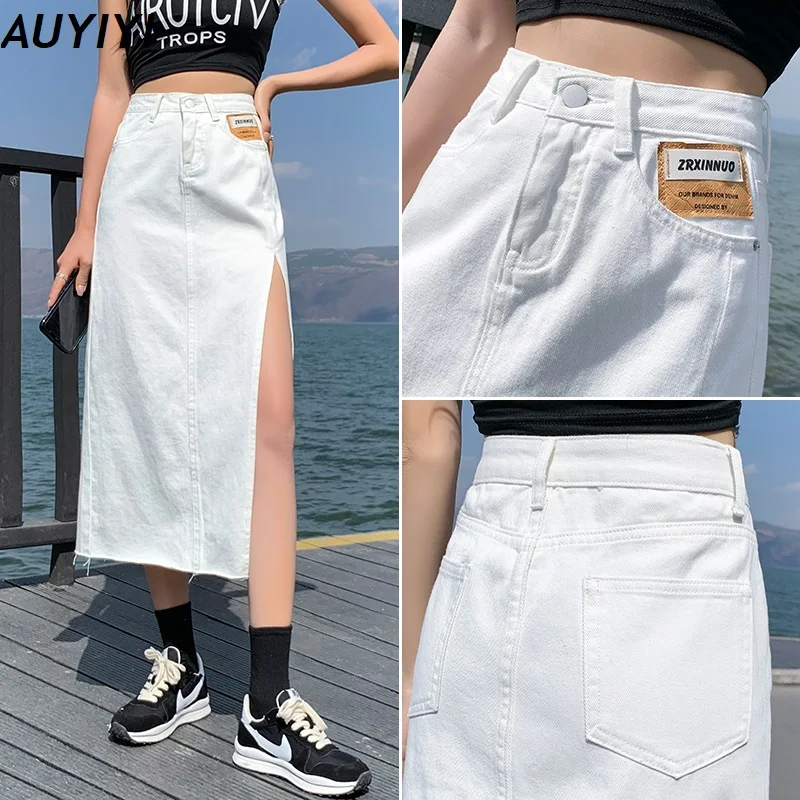 

2021 New Female Summer Label Fashion Light And Thin Temperament One-Step Package Hip Half-Length Split Denim Skirt AUYIYI