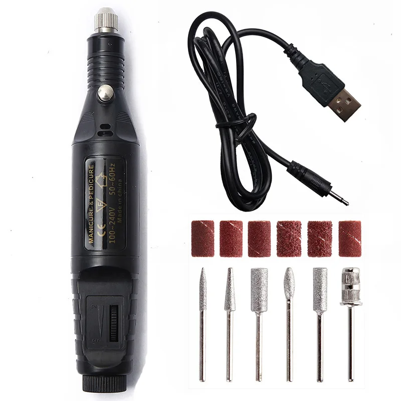 Черный 1 Набор, 5 В, USB, одна, низкая скорость, электрическая дрель для ногтей, машинка для маникюра, пилка для дизайна ногтей, сверла для ногтей, инструмент, аппарат для педикюра - Цвет: Черный