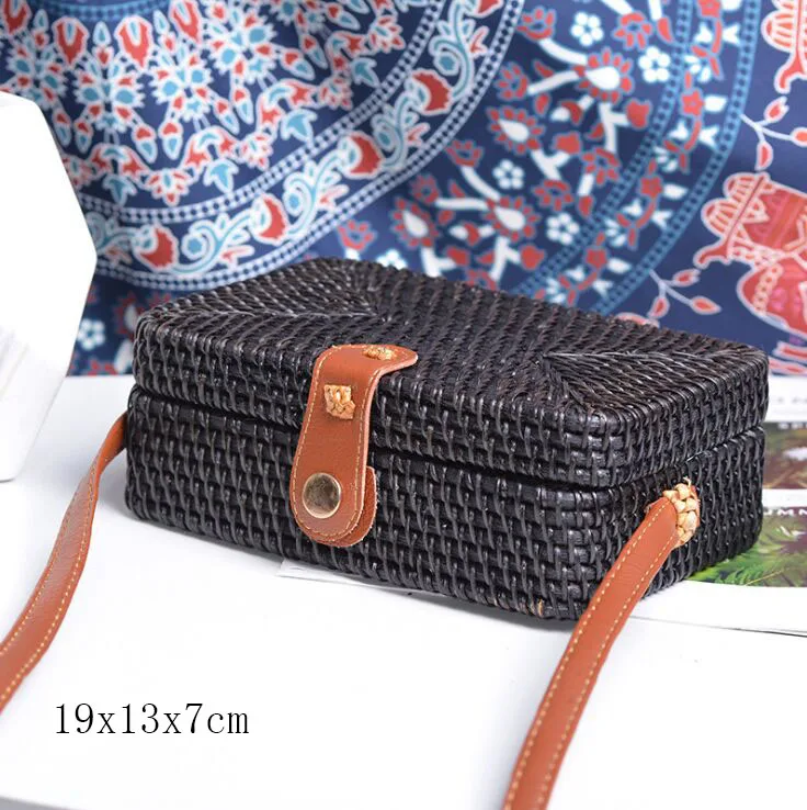 Black B 19x13x7cm Солнечный пляж, ручные тканые сумки, круглая сумка с пряжкой, Ротанговые соломенные сумки, ранец, богемная пляжная круглая сумка - Цвет: Black B 19x13x7cm