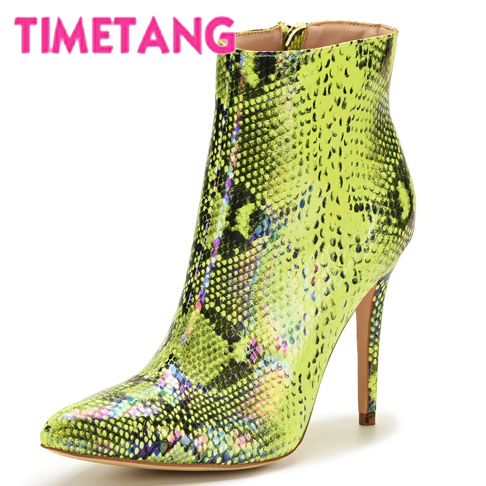 

TIMETANG Autumn New Fashion Snake Skin Pointed Toe Women Ankle Boots High Thin Heels Women Shoes All Size 34-44 OL/Casual/Street