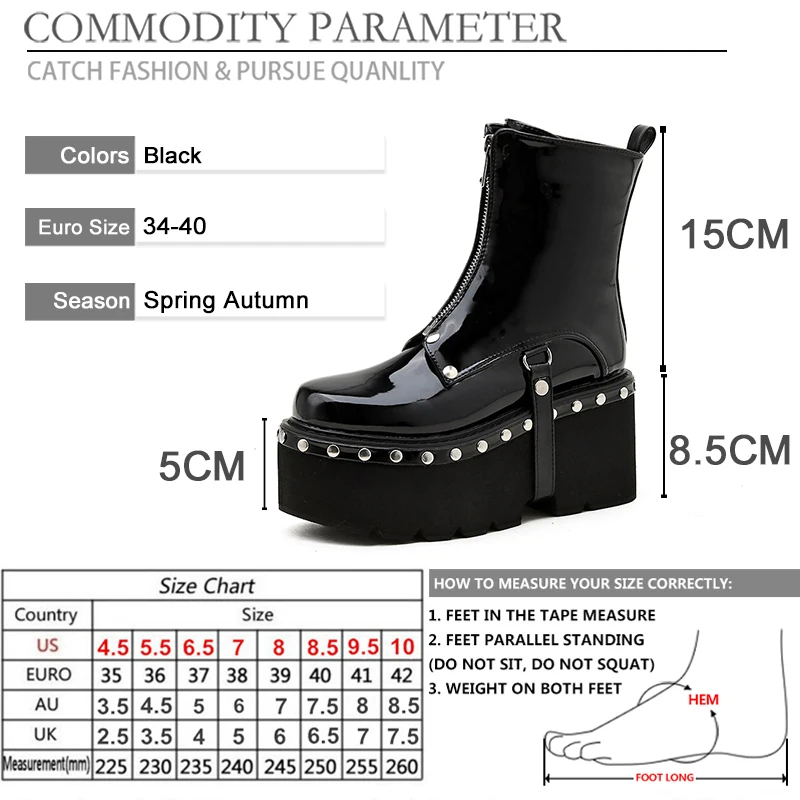 

BYQDY New Punk Rivet Boots For Woman Patent Leather Round Toes Studded Thick High Heels Ankle Booties High Platform Winter Shoes