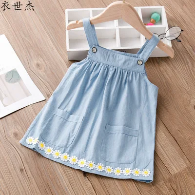 

2021 summer girl striped denim sling floral dress princess style cute short skirt
