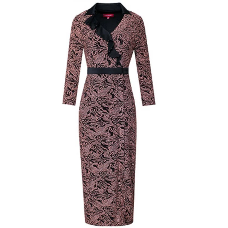 

dresses Solid Office lady 2021 Autumn Spring casual Print beading dress women's slim patchwork V-neck Vintage skirt plus XXXL