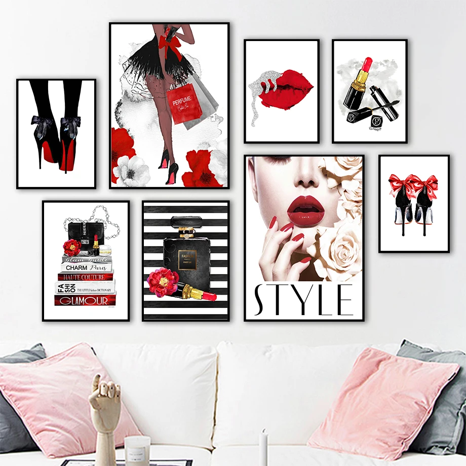 

Fashion Girl Perfume Red Lips Rose Bag Posters and Prints Nordic Wall Art Canvas Painting Aesthetic Pictures for Bedroom Decor