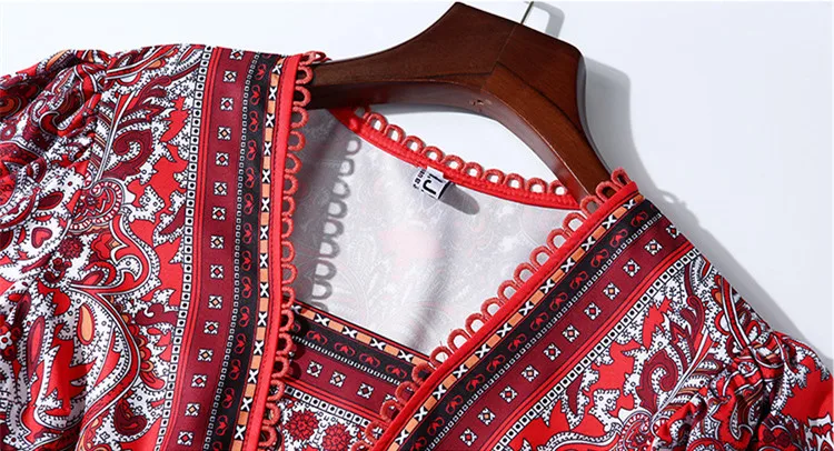 

Runway Women Luxurious Retro Printing Elegant Dress High Quality Women Long Sleeves V Collar Sexy Slimming Retro Dress Vestidos