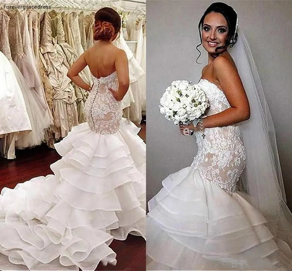 

Cascading Ruffles Mermaid Wedding Dresses Sweetheart Neckline Organza Women Wear Bridal Gowns Custom Made Plus Size Available
