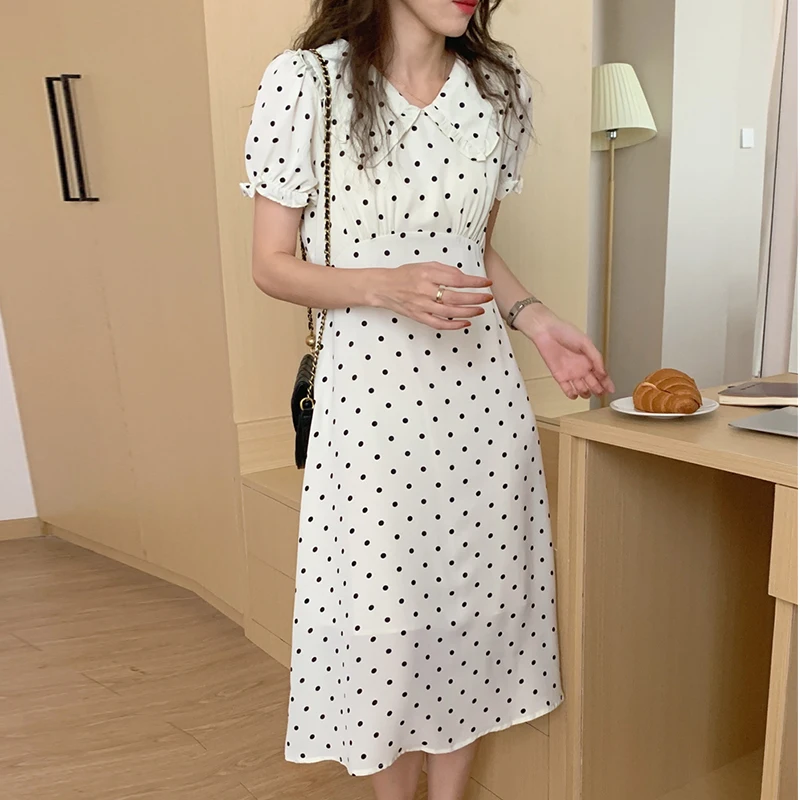 

Korejpaa Women Dress 2021 Summer Korean Fashion Gentle Doll Collar Contrast Color Polka Dot Waist slim Puff Sleeve Long Vestidos