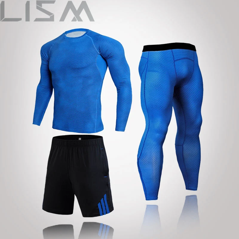 

3 Pieces/Set Of Men's Track Suit Gym Fitness Compression Sports Suit MMA Compression Sports Suit Snake Skin Bodybuilding T-Shirt