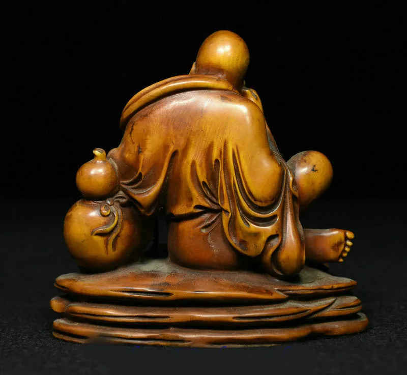 

wedding decoration Old China Buddhism Boxwood wood Carved Monk XiangLong Arhat Buddha Gourd Statue
