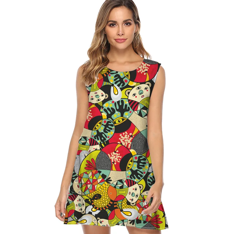 

Colorful monsters cartoon cute pattern Beach Dress Women 2019 New Print Casual Dress Sleeveless o neck Chiffon Summer Dress
