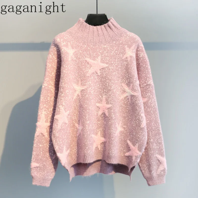 Gaganight Stars Faux Mink Cashmere Sweet Sweater Women Half Turtleneck Solid Pullover Girls Autumn Winter Thick Soft Warm Jumper | Женская
