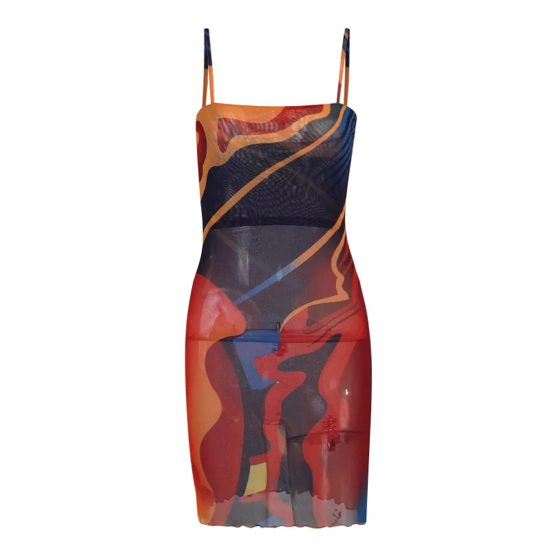 

Sexy Y2K Abstract Print Summer Dress Midi Strap Dress Robe Women Femme Red Party Backless Mesh Casual Aesthetic Fashion Clothing