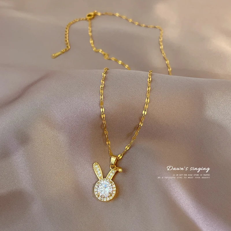 

Rabbit Cute Exquisite Fashion Temperament Stainless Steel Necklace for Women Personality Crown Girl Zircon Pendant Fine Gifts