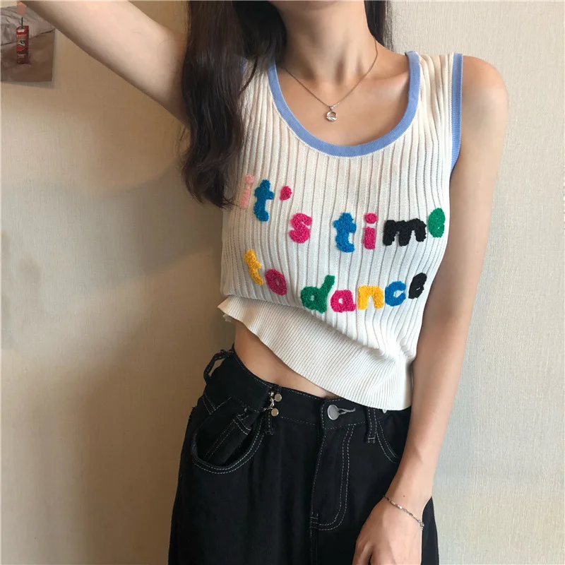 

2021 Summer Sleeveless O Neck Off Shoulder Sexy Tank Tops Women Knit Letter Casual White Tanks 2000s Fashion Kawaii Y2K Crop Top