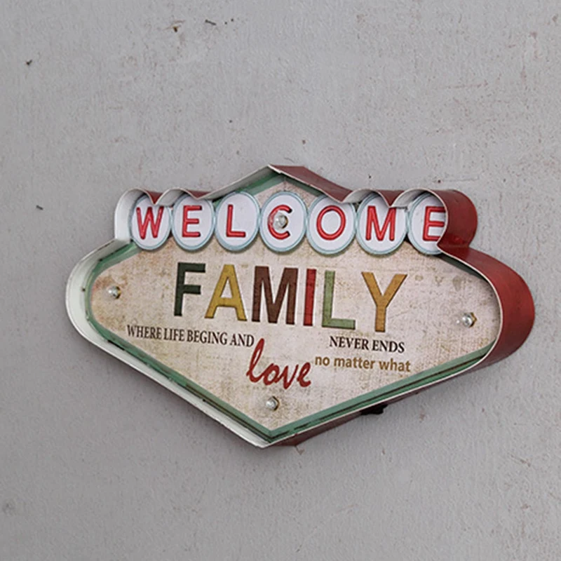 Retro Wrought Iron Led Lamp Bar Mural Family Letters Wall Hanging Decorations Tin Painting |