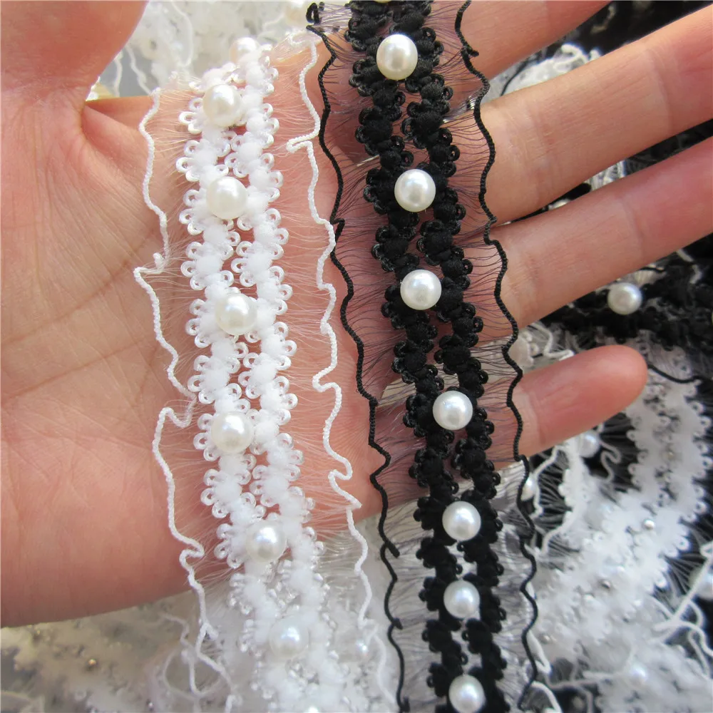 1 Yards White/black Pearl Beaded Elastic Lace Trim Tape Ribbon Fabric Collar Dress Sewing Garment Headdress Materials 25mm | Дом и сад