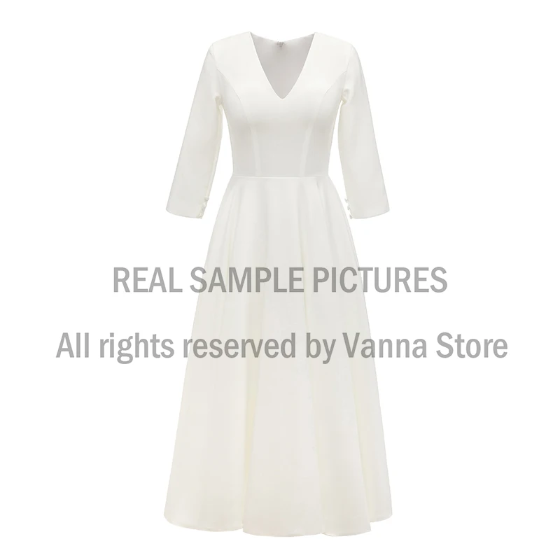 Simple Satin Bridal Gown Ankle Length Wedding Party V Neck 3/4 Sleeves 2020 Cheap Plain Bridesmaid Gown Real Sample Photo 2059#