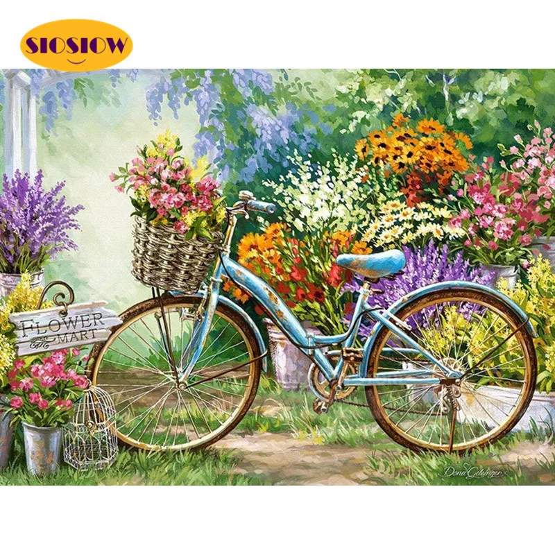 5D DIY алмазная живопись цветы велосипед камни в форме ромба вышивка крестиком